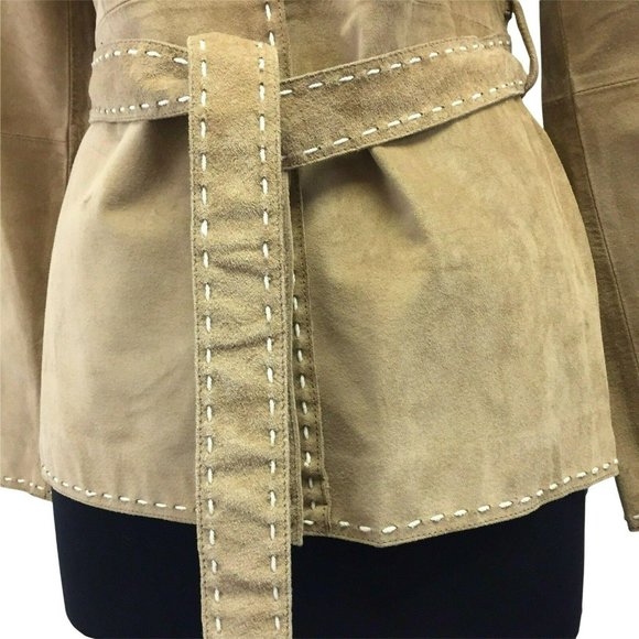 INC Coat M Brown Tan Genuine Leather Belted Boho Womens - Picture 5 of 12